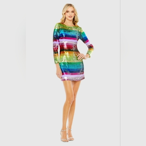 NWT!! Mac Duggal, Multicolor Long Sleeve Sequin Rainbow Dress, MSRP $598 - Picture 1 of 11